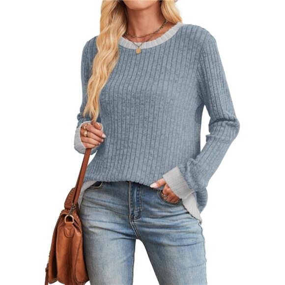 Womens Long Sleeve Shirt Color Block Sweater Loose Fit Tunic Fall Casual Top - Picture 4 of 6